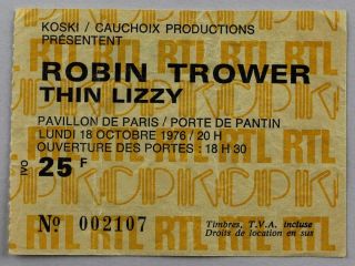 Robin Trower,  Thin Lizzy - Rare Pavillon De Paris 1976 Concert Ticket