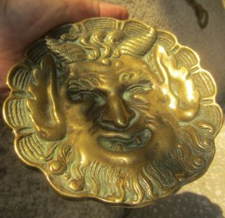Devil Evil Satan Face Head Ashtray Vintage Antique Brass / Bronze,  Patina.  /3/