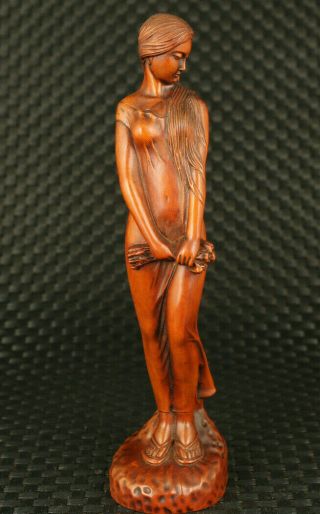 Chinese Old Boxwood Hand Carved Long Hair Girl Statue Figure
