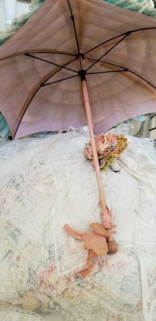 Antique Large Doll or Child ' s Parasol w/ Pink Handle & matching bouquet 2