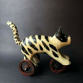 Vintage Wooden Cat On Wheels/ Painted Carved Kitty Collector/ Toy Decorations