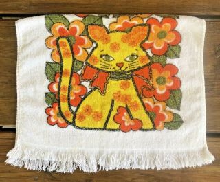 Kitchen Tea Towel Vintage Mid Century Modern Mcm Retro Linen Floral Cat Flowers