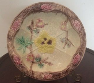 Antique Victorian English Pottery Majolica Plate Yellow Pink Flowers & Geometric