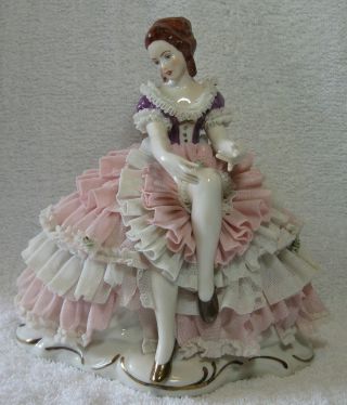 Large Dresden Volkstedt German Porcelain Lace Figurine Seated Woman