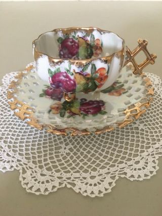 Royal Halsey Footed Tea Cup & Saucer Very Fine Lm Fruit Iridescent Cutwork Wow