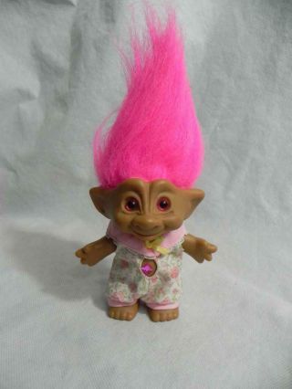 Vtg Ace Novelty Treasure Troll Doll Pink Floral Pink Hair Eyes Square Wishstone