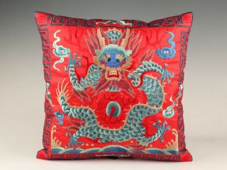 2 Red Chinese Cloth Silk Pillowcases Hand - Embroidered Dragon Sacred Decorative