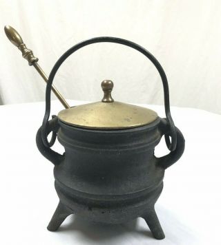Vintage Heavy Cast Iron Fire Starter Kettle Smudge Pot & Pumice Brass Stick Lid