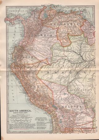 1903 Britannica Antique Map South America North West Colombia Ecuador Peru