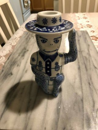 Rare Vintage Chinoiserie Blue And White Monkey Candle Holder Collectible