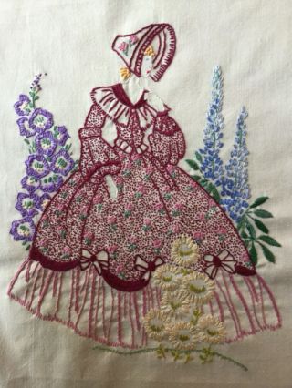 Vintage V Pretty Hand Embroidered Crinoline Lady Picture Hollyhock Delphiniums