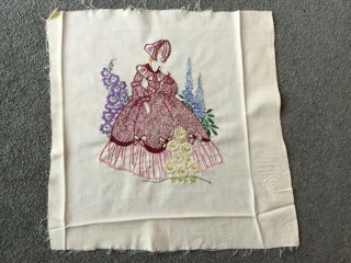 Vintage V Pretty Hand Embroidered Crinoline Lady Picture Hollyhock Delphiniums 3