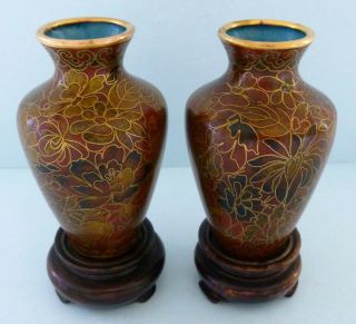 Antique Japanese Chinese Cloisonne Vase Urn Pot Wooden Stand Miniature Pair Rare