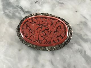 Antique Chinese Carved Cinnabar Filigree Silver Pin Brooch