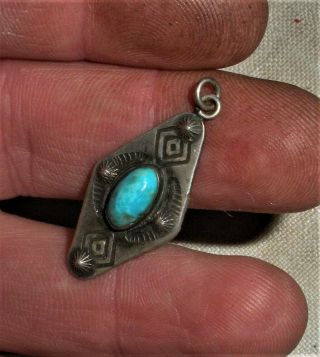 Antique C.  1930 Navajo Coin Silver Pendant Charm Turquoise Medicine Man Eye Vafo