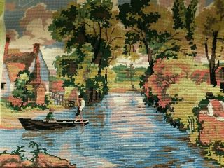 Large Swedish Vintage Embroidered Wool Tapestry,  Period Lakeside Scene