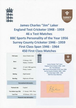 Jim Laker England Test Cricketer 1948 - 1959 Rare Autograph