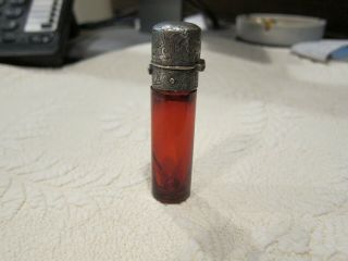 Antique Ruby Red Glass Perfume Bottle With Sterling Silver Cap