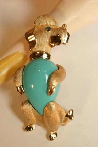 Rare Vintage Trifari Turquoise Lucite Jelly Belly Poodle Dog Pin