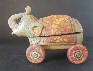 1950s Indian Vintage Hand Carved Painted Wooden Elephant On Wheels Spice Box Toy