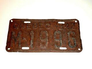 Rare Early Rusty 1942 Quebec Motorcycle License Plate M - 1996