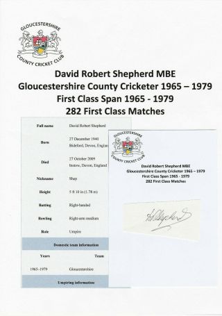 David Shepherd Gloucestershire County Cricketer 1965 - 79 Rare Autograph