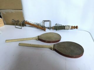 Antique Table Tennis.  Net And 2 Vellum Bats.  Edwardian C1890 - 1910 Collectable