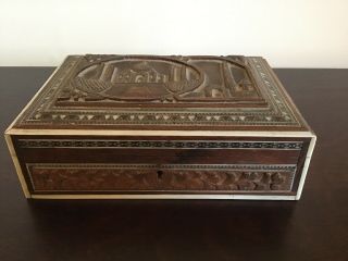 Antique Indian Inlaid Sandalwood Box.  Carved With A View Of The Taj Mahal