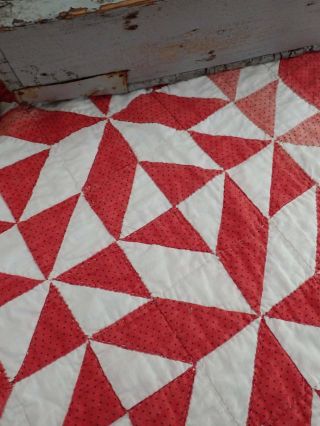 Antique C1880 Red & White Pierced Star Table Runner Quilt 20x15
