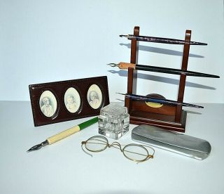 Antique Desk Set Crystal Inkwell,  4 Pens,  Eye Glasses W/case,  Wood Rack,  Pic Frame
