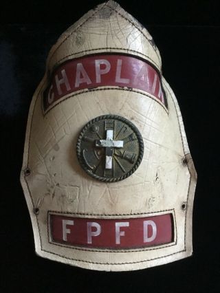 Antique Chaplain Fpfd Leather Fire Fighter Helmet Hat Badge With Cross ✝️