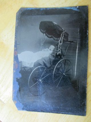 Antique Post Mortem Photo Tintype Baby In Carriage (t)