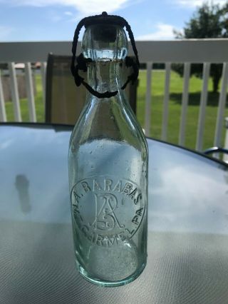 A.  Barabas Mt.  Carmel,  Pa Blob Top Pre Prohibition Beer Bottle - Very Rare