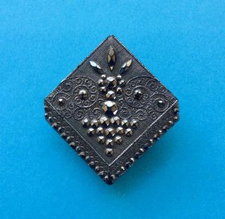 A Fabulous 34mm Antique Victorian Box Shaped Lacy Black Glass Button