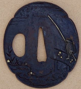 Antique Tsuba Japanese Sword Guard Bronze - Fisherman,  Inlays