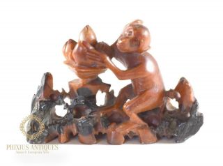 Vintage Carved Chinese Soapstone Monkey Stealing Fruit Figure