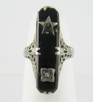 Antique 14k White Gold Eastern Star Masonic Ring Onyx & Diamond Sz 3.  75 Filigree