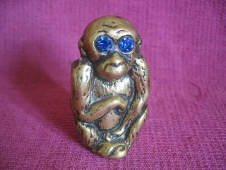Antique Brass Monkey Spill Vase / Match Holder With Rare Blue Glass Eyes