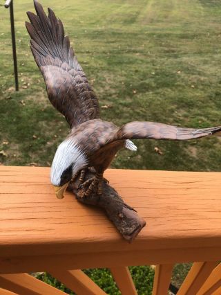 Bald Eagle Statue Hand Painted Carved Wood Figure On Driftwood 11 " Wingspan -