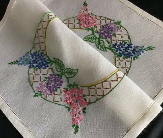 Pretty Vintage Hand Embroidered Tray Cloth Lilac Blossoms
