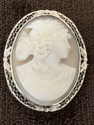 Antique Sterling Silver Filigree Carved Victorian Lady Cameo Brooch Pin