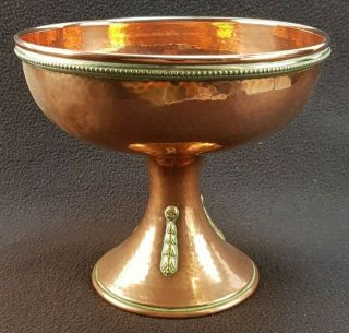 Antique Hand Beaten Banded Copper Bowl & Stand With Brass Decoration Uk P&p