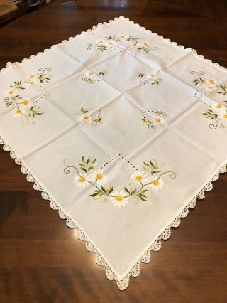 Vintage Hand Embroidered Linen Card Table Cloth 35x35 " Cover Topper Bridge
