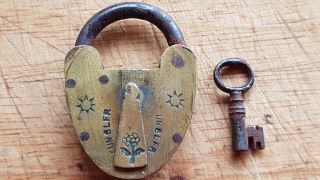 Antique Small Ornate Brass Victorian Padlock With Key In Order
