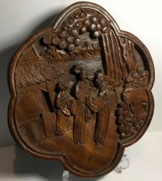 Antique Chinese Carved Hard Wood Wall Plaque Figures In Courtyard C1900