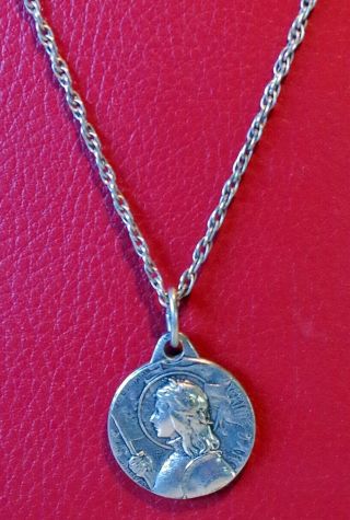 Antique Joan Of Arc Sterling 925 Silver French Pendant & Chain Art Nouveau