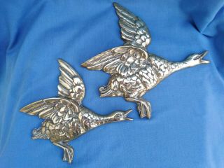 2 Vintage Brass Flying Ducks Birds Wall Hanging Ornaments C1920`s/30`s.