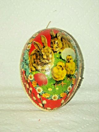 Antique - Easter Egg Paper Mache 5 " Long - " Germany " Rabbits Chicks Flower Rings