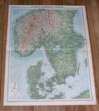 1922 Vintage Map Of Southern Scandinavia Sweden Norway Denmark