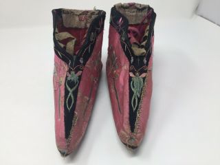 Rare Antique Chinese Lotus Bound Feet Embroidered Shoes/Slippers Pink Some Laces 2